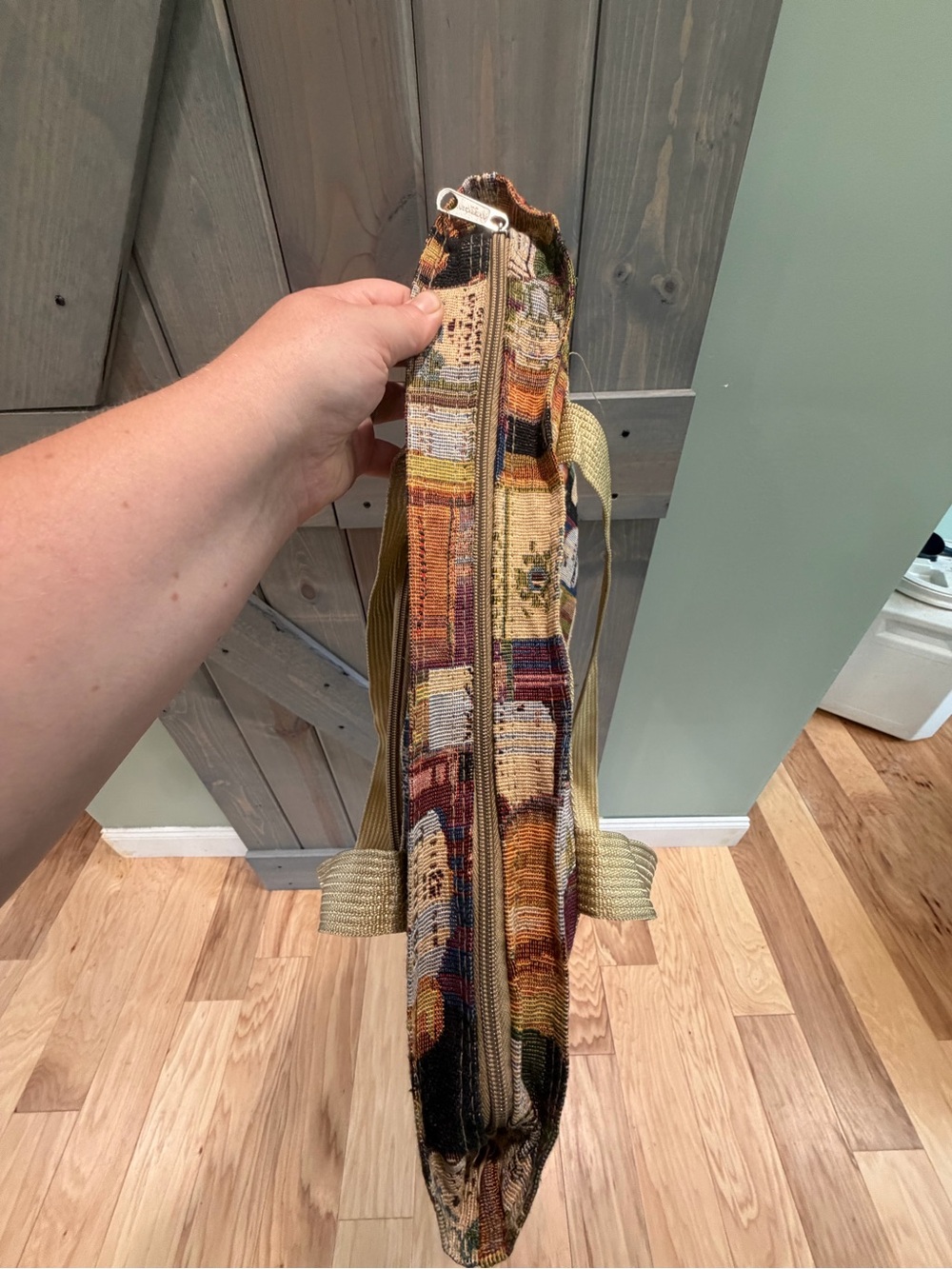 Tapestry Wine Bottle Print Tote Bag in Multi-Color with Cream Straps - Picture 5 of 6